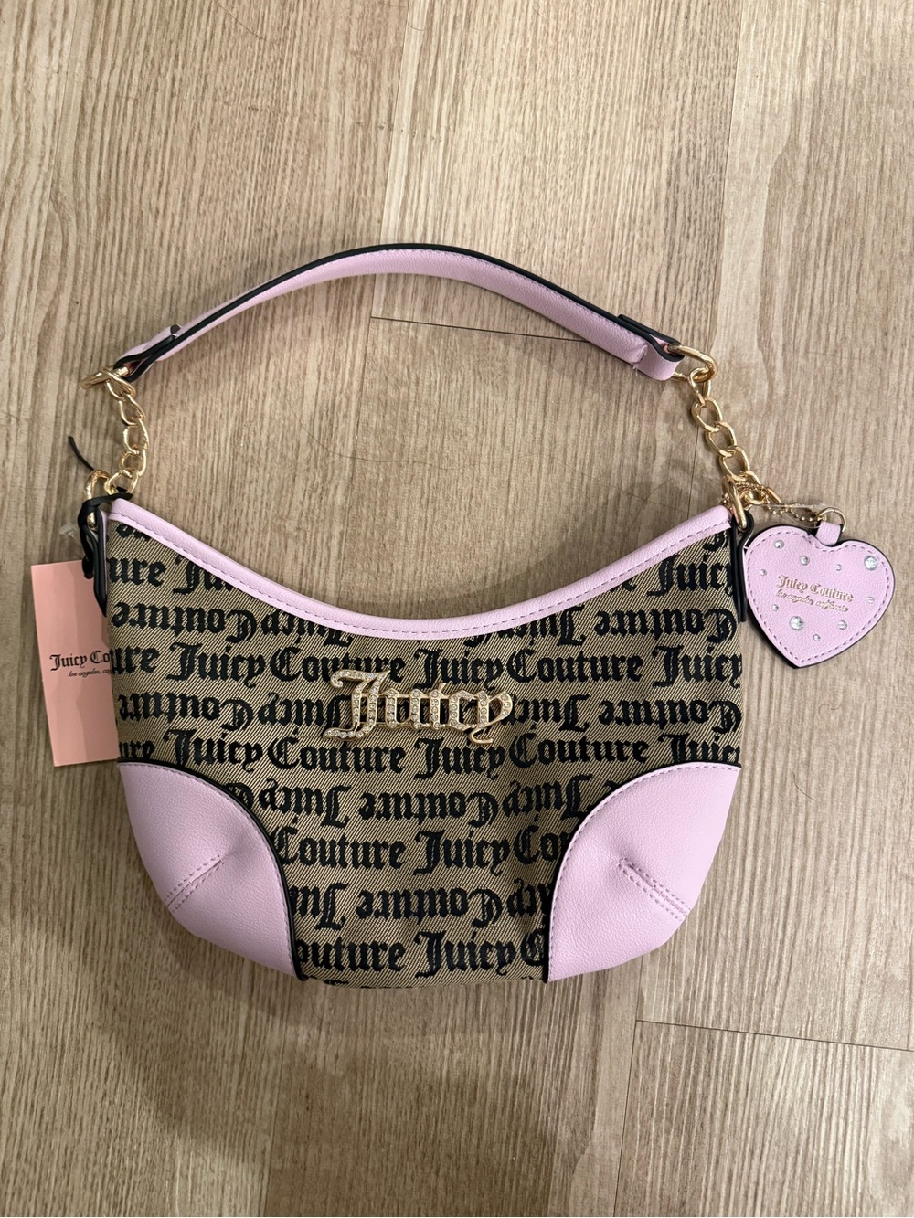 NWT Juicy Couture Pink Trim Logo Shoulder Bag with Heart Charm